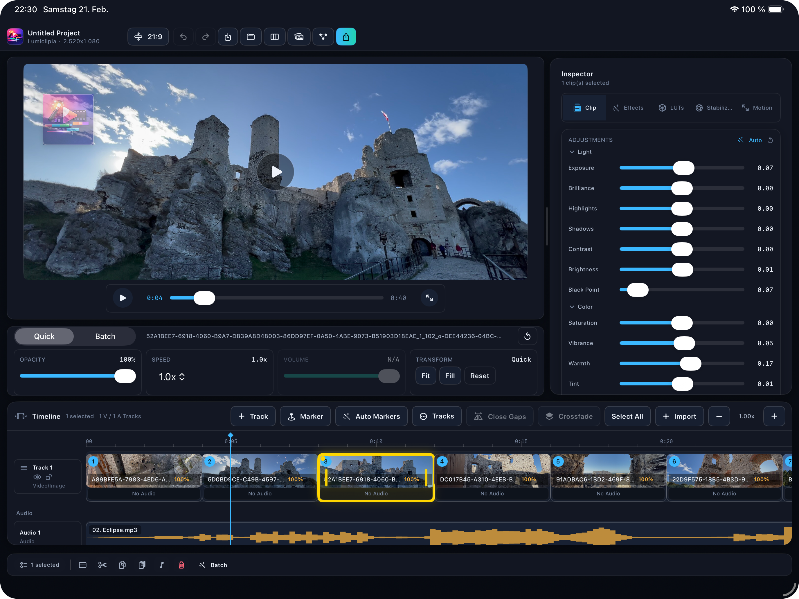 Lumiclipia timeline and inspector